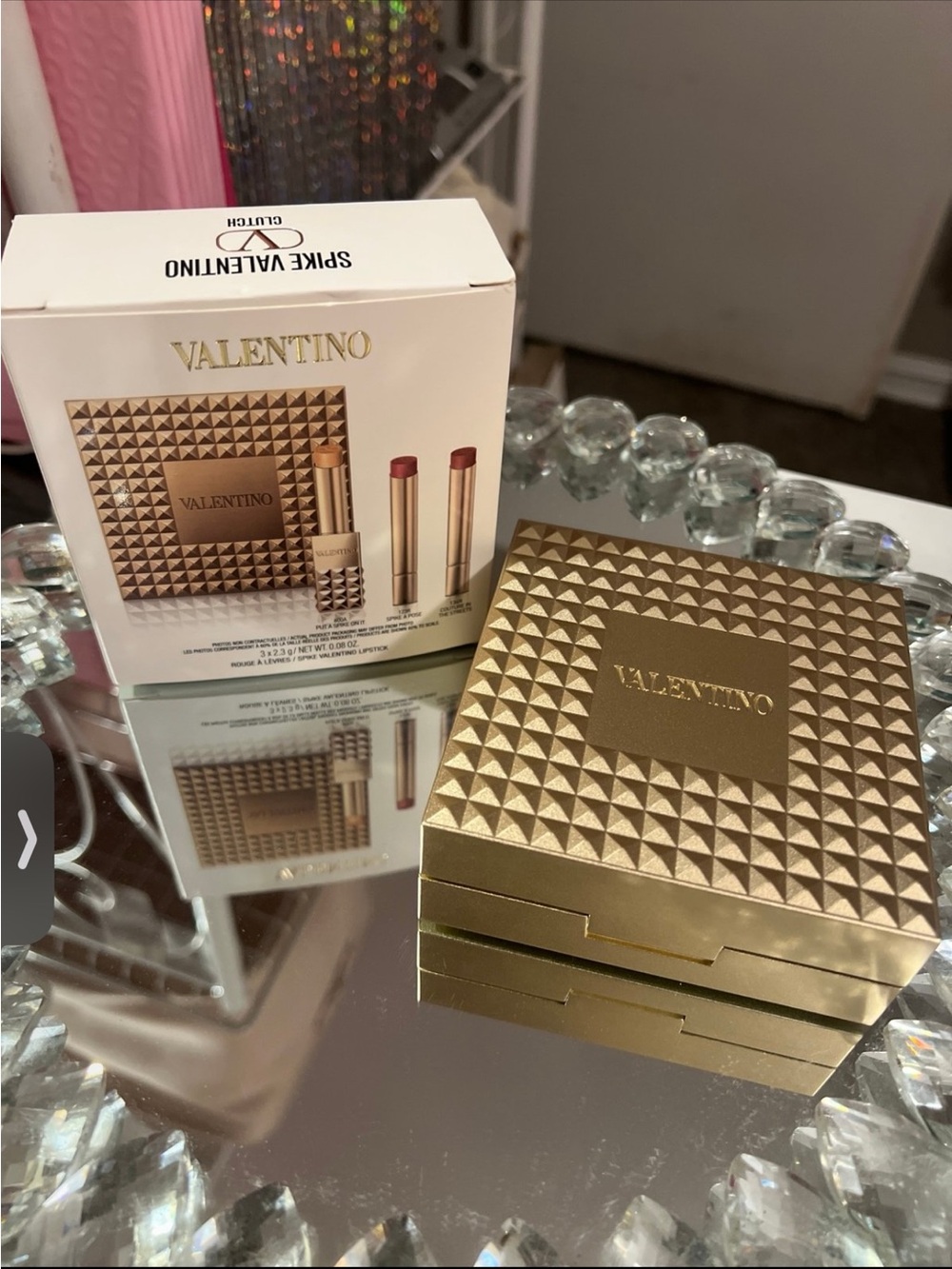 Valentino Studded Gold Clutch and Lipstick Set with 2 Refills